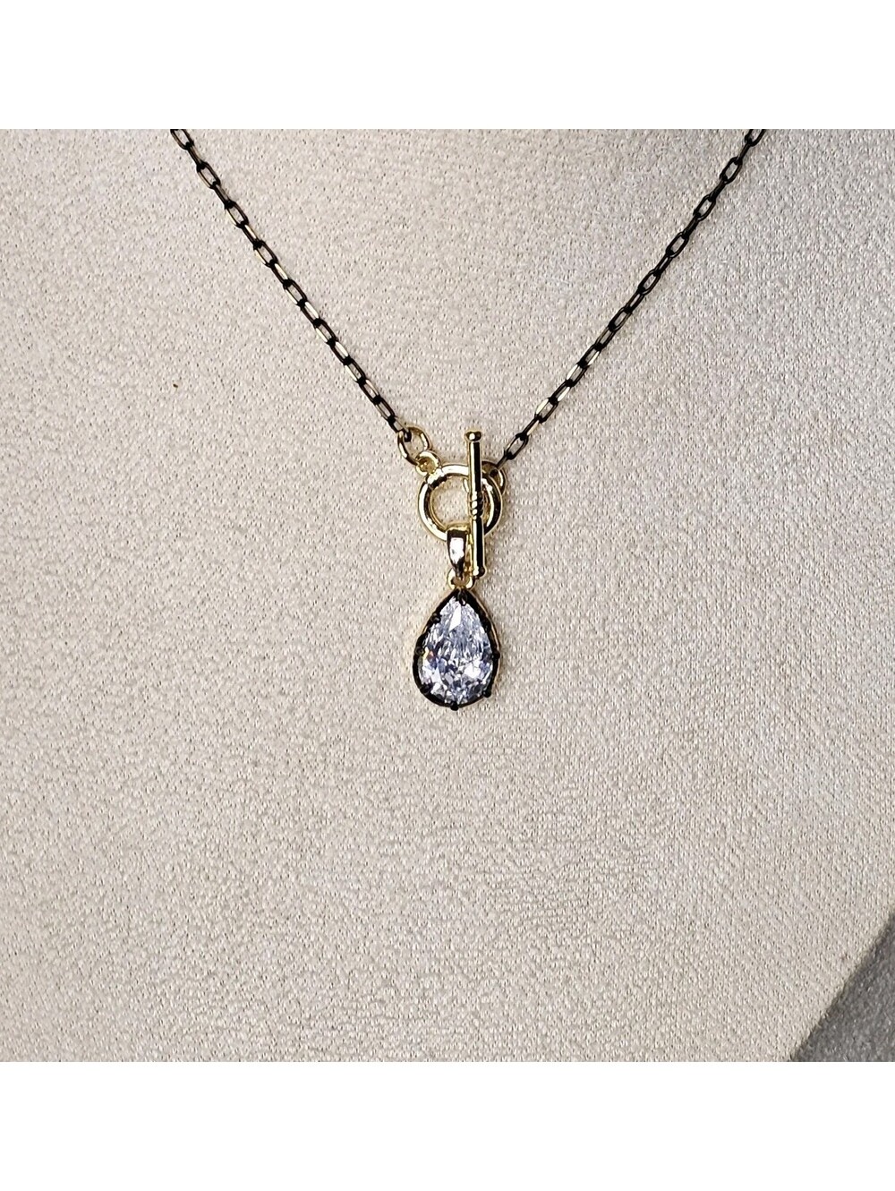 3 CT Pear CZ Black Gold Pendant on Handmade Toggle Necklace 16"
